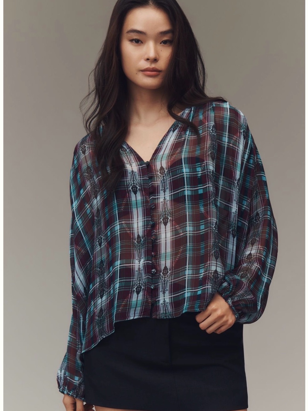 Anthropologie Estela Plaid Sheer V-Neck Button-Front Blouse - Teal & Brown